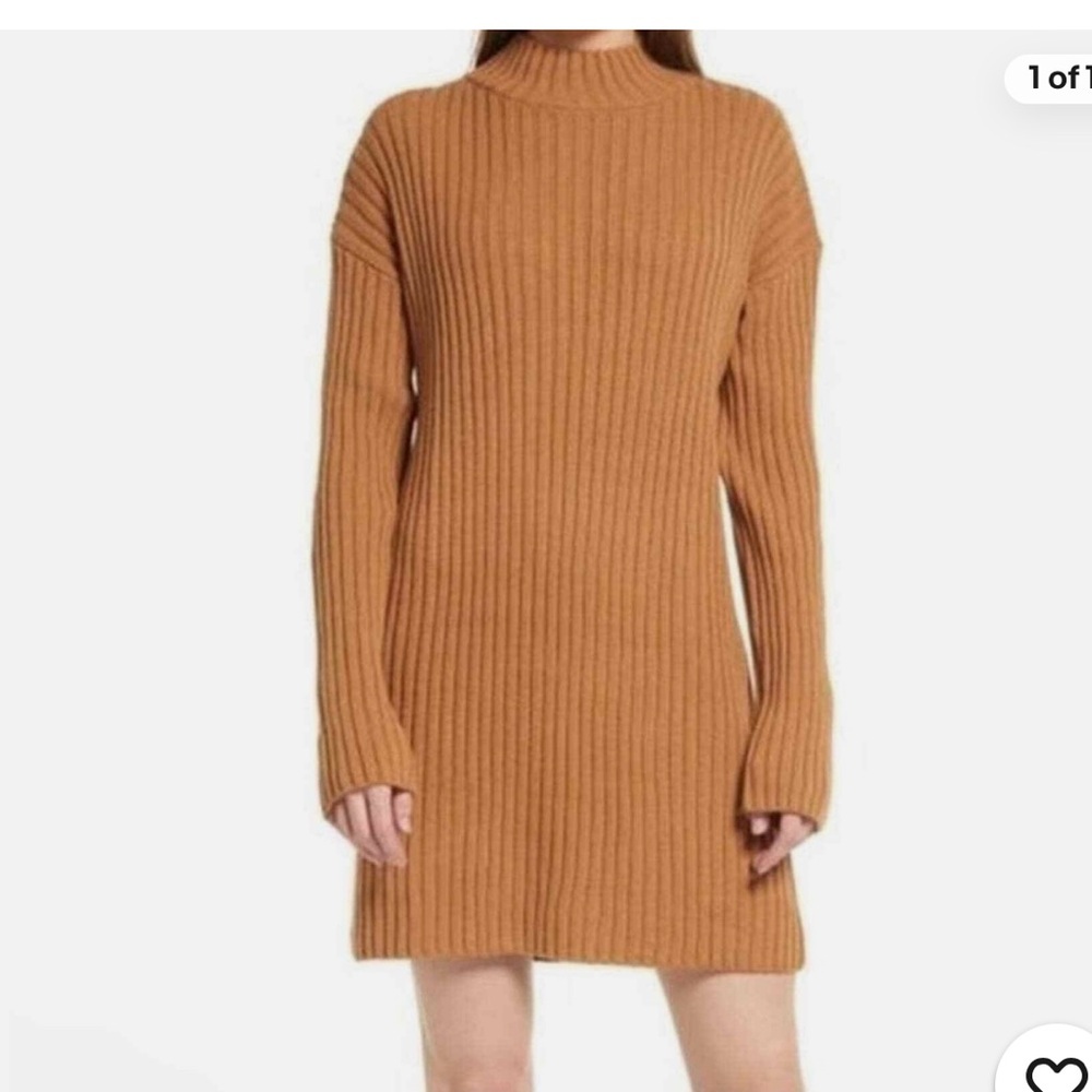 BP. Mock Neck Long Sleeve Cotton Blend Rib Sweater Dress in a brown